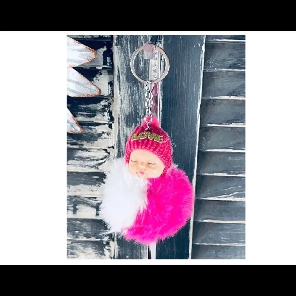 Pom Baby Keychain-Pink & White w/Pink Hat
